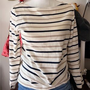 Uniqlo Cream and Navy Striped Long Sleeve Tee